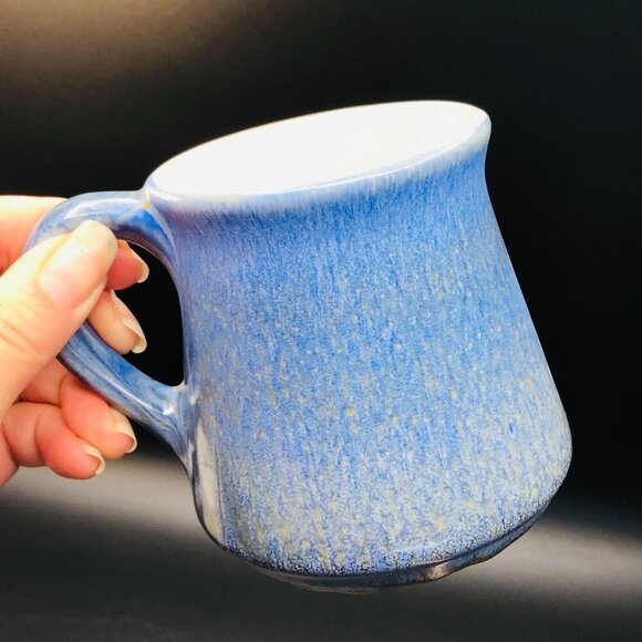 70s Beauce Ceramic Blue Ironstone Coffee Mug Textured Green Yellow Underglaze - Picture 1 of 13